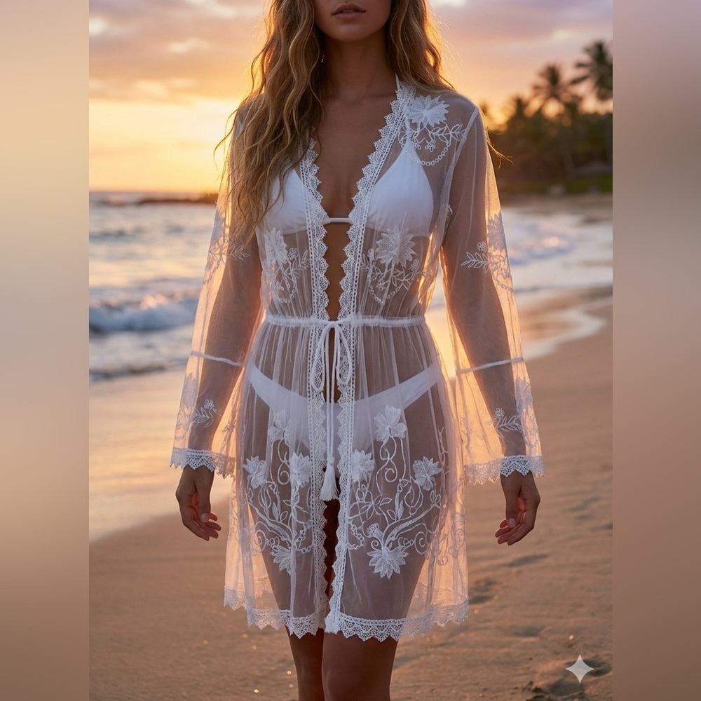 Robe Boho Elegant White Lace Beach Cover-Up Embroidered Long Sleeve OS